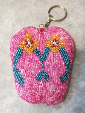 Flip Flop Sandals Seed Bead Coin Purse Keychain Hot Pink Golden Flowers Teal NEW